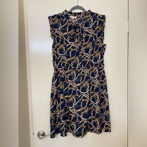 Navy Blue Chain Print Cap Sleeve Dress